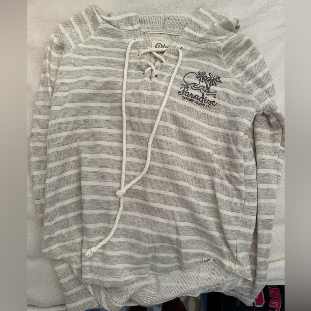 sanibel island florida grey and white striped lightweight sweatshirt size small